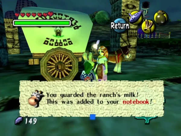 Link and Cremia beside her milk cart at night, the box saying the ranch's milk was guarded and added to the notebook Link and Cremia beside her milk cart at night, the box saying the ranch's milk was guarded and added to the notebook