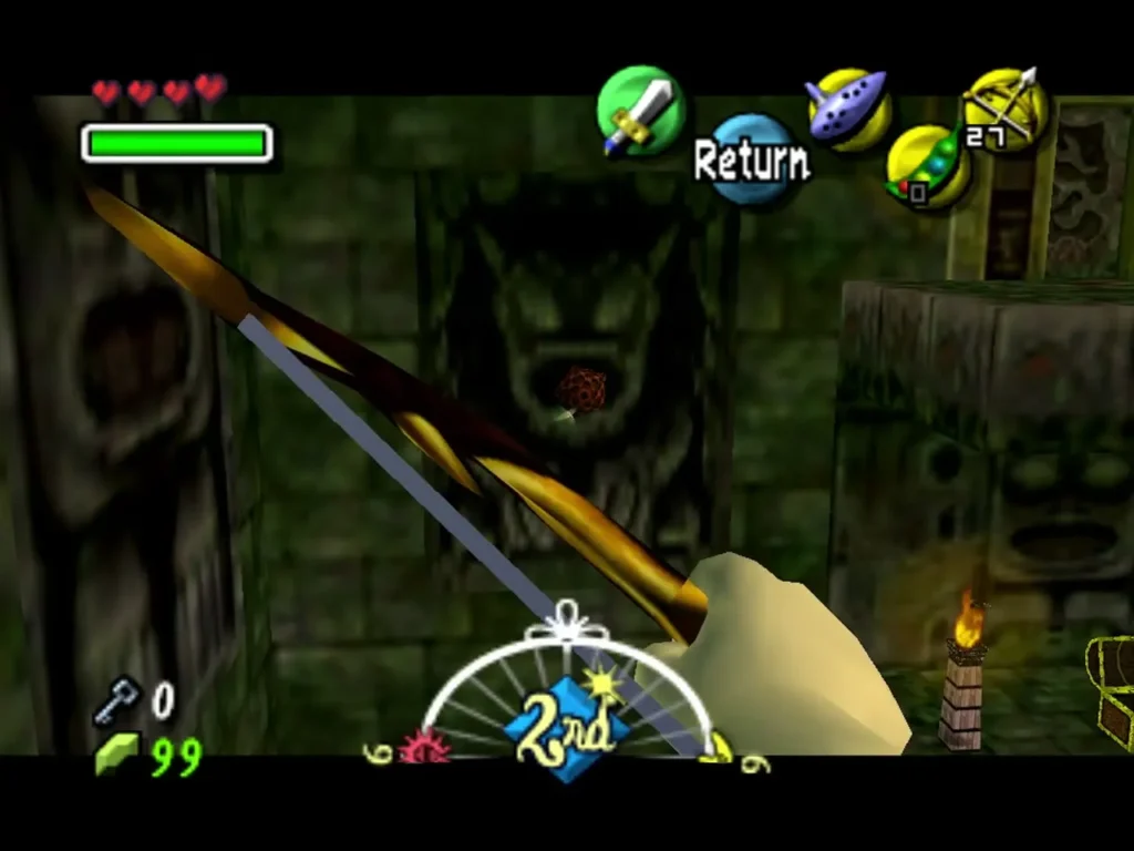 Link aims the Hero's Bow at a beehive hanging on the wall near the gold-trimmed chest in Woodfall Temple Link aims the Hero's Bow at a beehive hanging on the wall near the gold-trimmed chest in Woodfall Temple