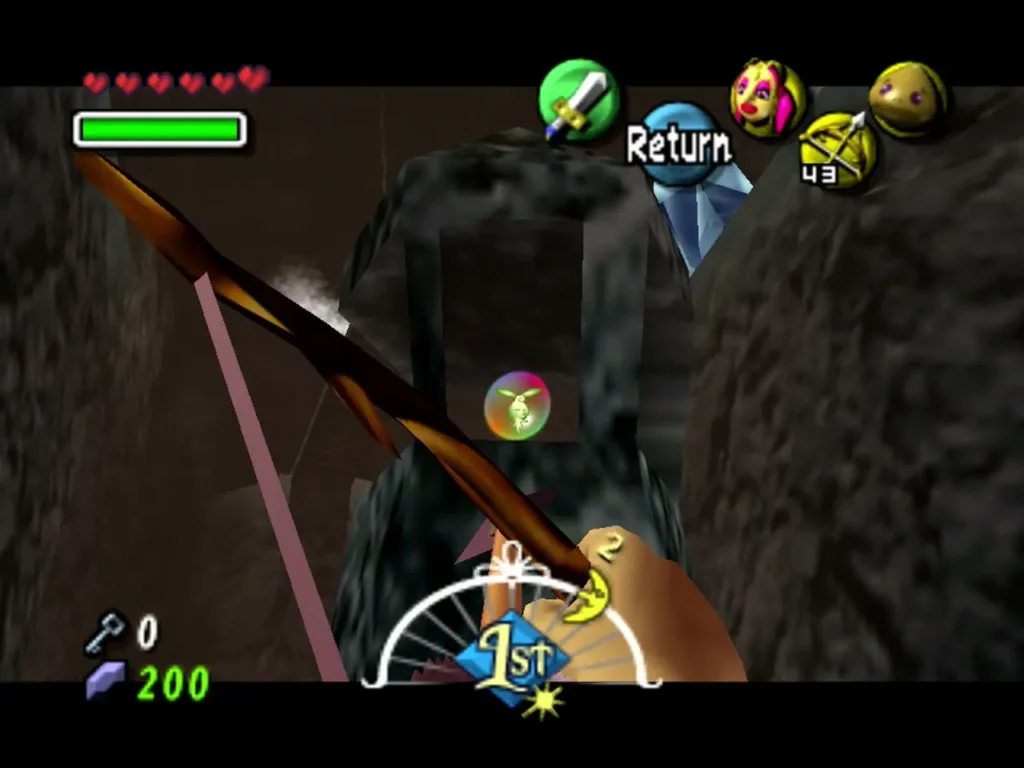 Link aims his bow at a bubble holding a Stray Fairy in an alcove of a stone pillar in Snowhead Temple Link aims his bow at a bubble holding a Stray Fairy in an alcove of a stone pillar in Snowhead Temple