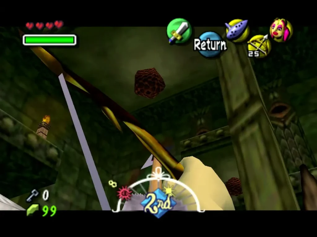 Link aims the Hero's Bow at a beehive hanging from the ceiling of the Woodfall Temple block room Link aims the Hero's Bow at a beehive hanging from the ceiling of the Woodfall Temple block room