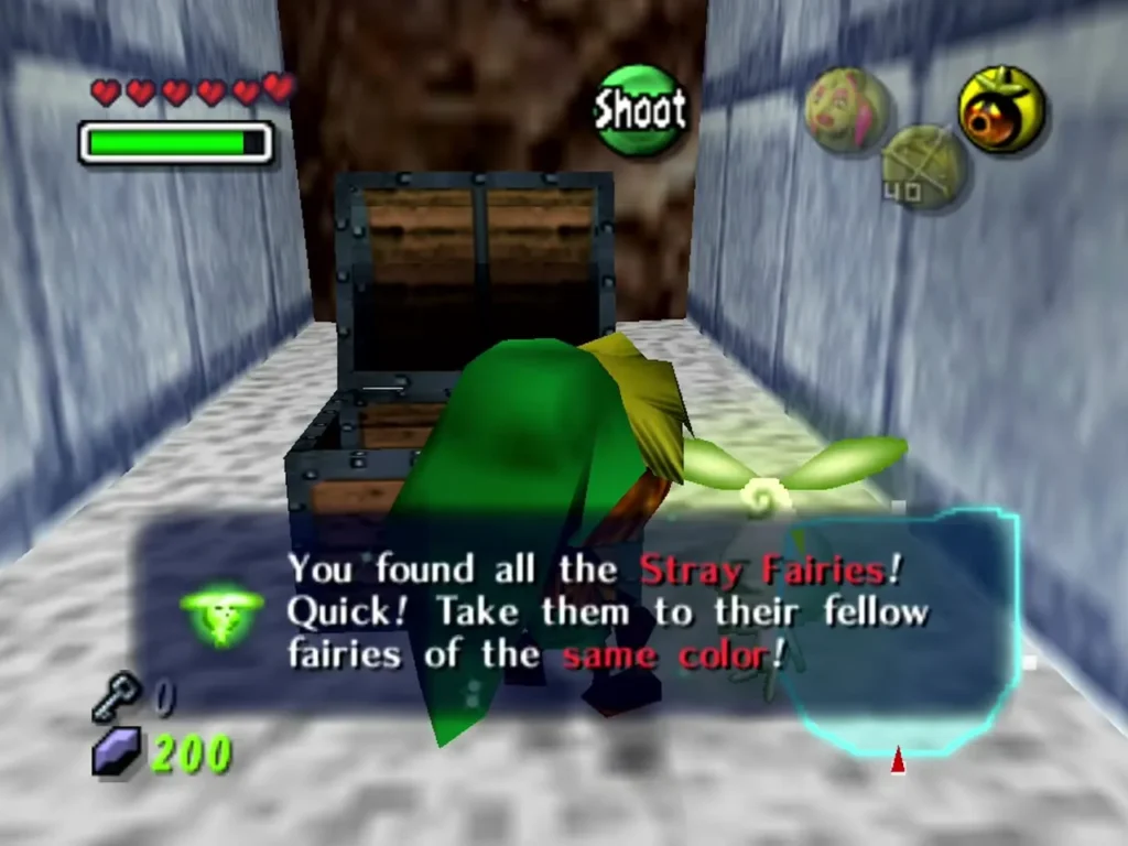 Deku Link at the opened alcove chest as the box says all the Stray Fairies are found Deku Link at the opened alcove chest as the box says all the Stray Fairies are found