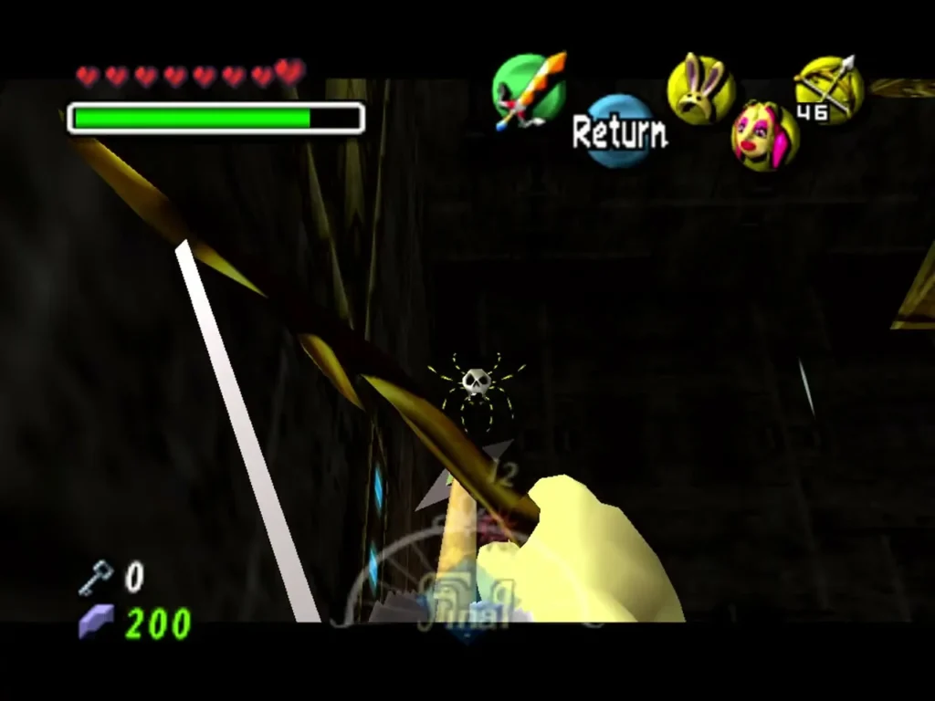 Link aims an arrow at a Skulltula hanging on the wall in the Waterwheel Room Link aims an arrow at a Skulltula hanging on the wall in the Waterwheel Room