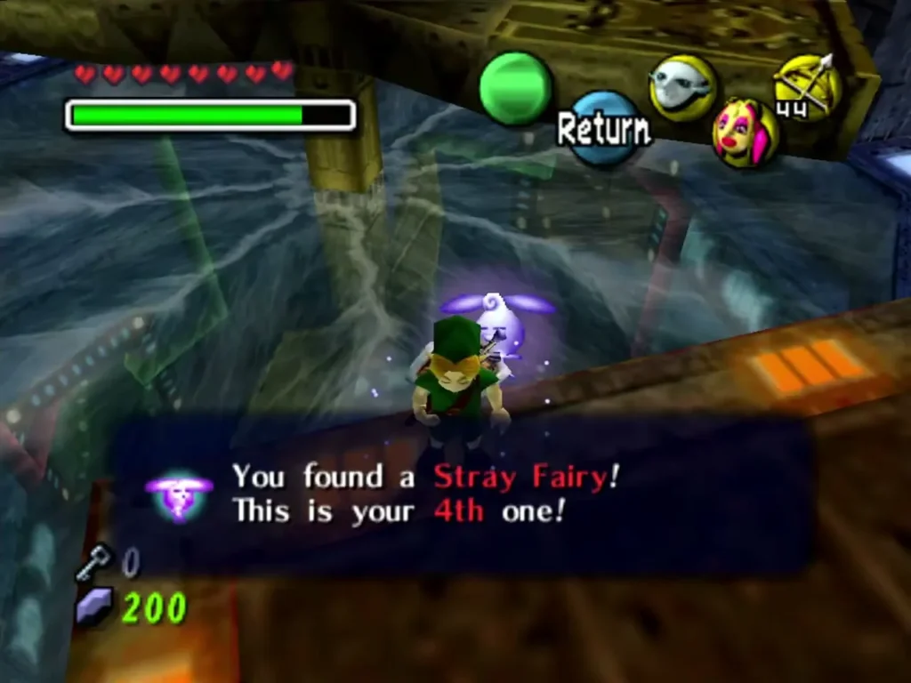 Link on the ledge with a purple fairy and the box confirming a Stray Fairy was found Link on the ledge with a purple fairy and the box confirming a Stray Fairy was found