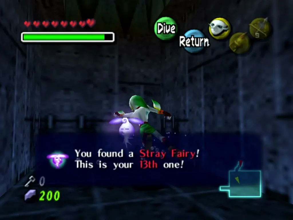 Zora Link in the flooded passage with a glowing fairy beside him and the box for his thirteenth Stray Fairy Zora Link in the flooded passage with a glowing fairy beside him and the box for his thirteenth Stray Fairy