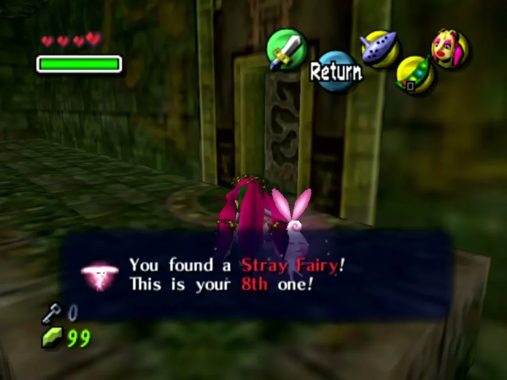 Link beside a doorway in Woodfall Temple as the box reports a Stray Fairy found Link beside a doorway in Woodfall Temple as the box reports a Stray Fairy found