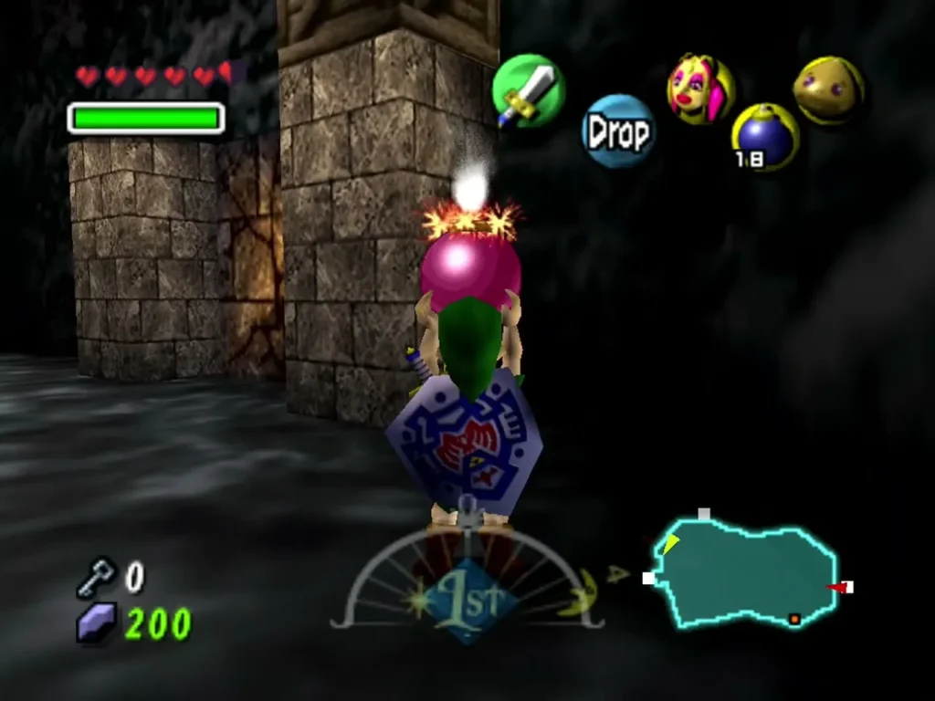 Link holds a lit bomb over his head beside a tall brick pillar in a dark Snowhead Temple room Link holds a lit bomb over his head beside a tall brick pillar in a dark Snowhead Temple room