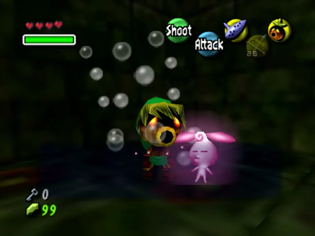 Link beside the last Stray Fairy freed from its bubble in Woodfall Temple Link beside the last Stray Fairy freed from its bubble in Woodfall Temple