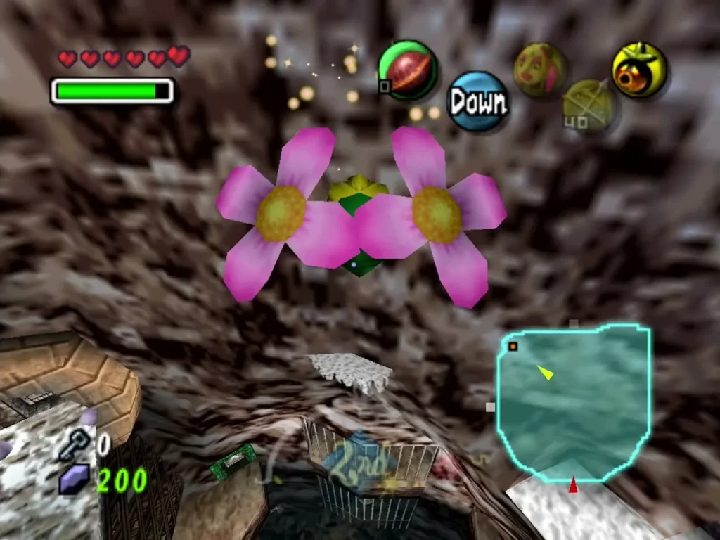 Deku Link glides on his pink Deku Flowers over a deep drop in Snowhead Temple Deku Link glides on his pink Deku Flowers over a deep drop in Snowhead Temple