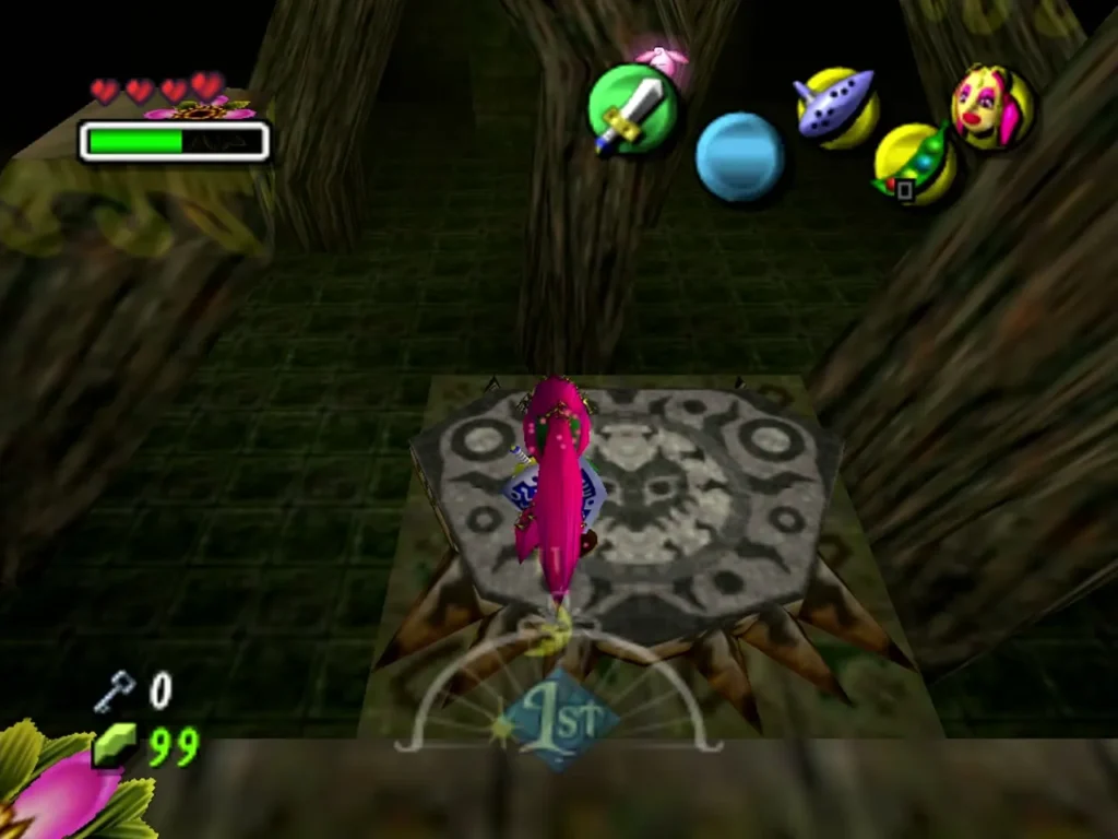 Link in the pink-haired Great Fairy Mask on the stone platform of the temple entrance room Link in the pink-haired Great Fairy Mask on the stone platform of the temple entrance room