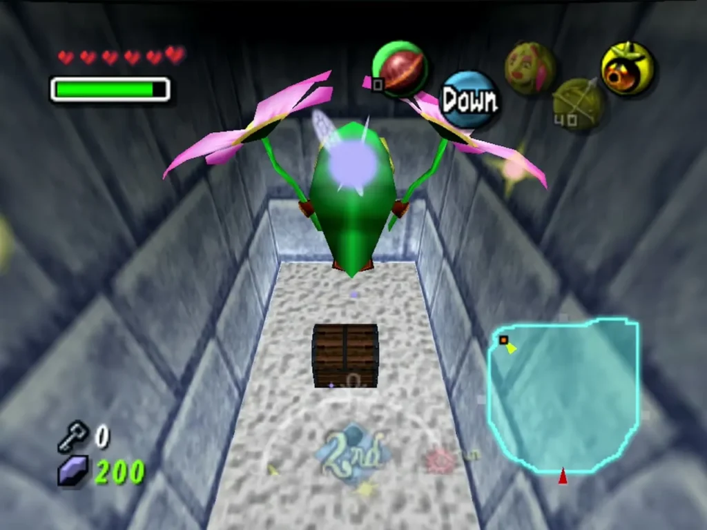 Deku Link glides down a narrow icy alcove toward a chest Deku Link glides down a narrow icy alcove toward a chest