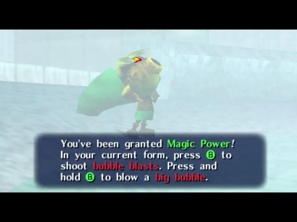 The box reads You've been granted Magic Power! as Deku Link stands in the Great Fairy's fountain The box reads You've been granted Magic Power! as Deku Link stands in the Great Fairy's fountain