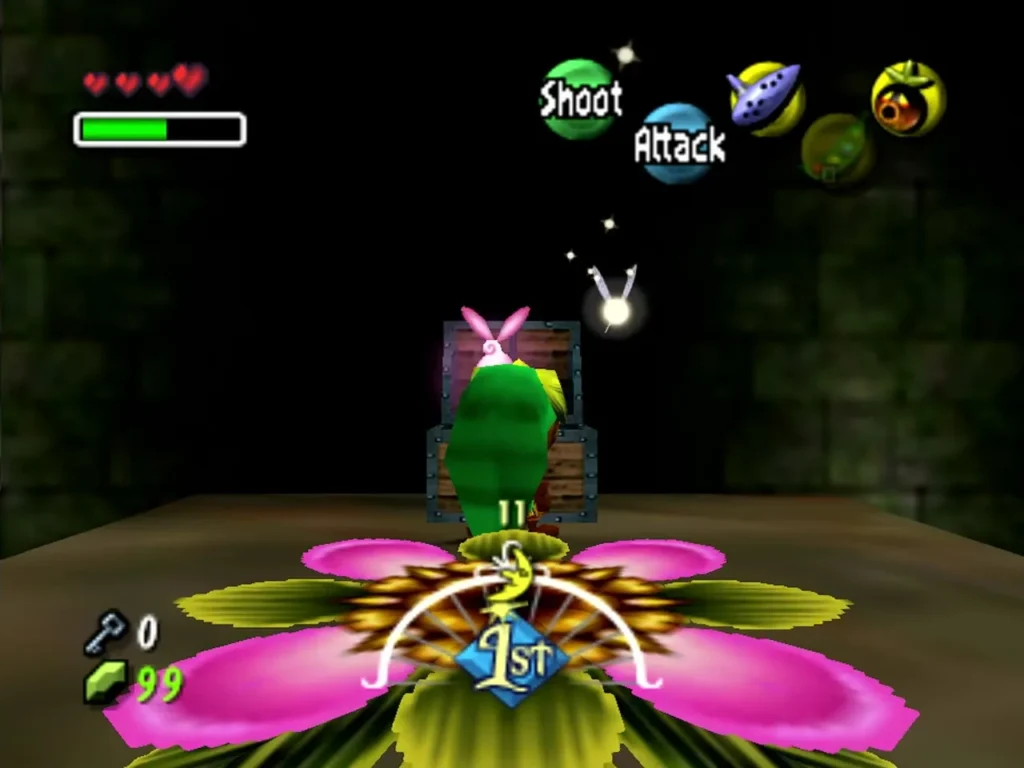 Deku Link standing on a pink Deku Flower in front of the chest on the second platform Deku Link standing on a pink Deku Flower in front of the chest on the second platform