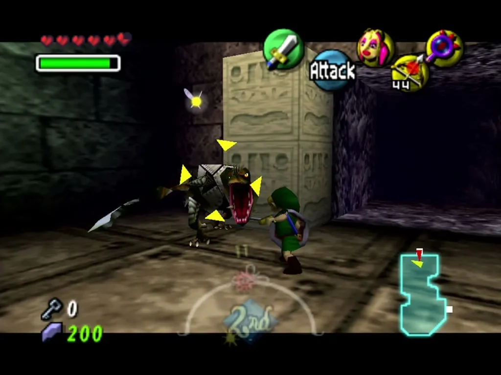 Link fights a snarling Dinolfos beside a carved stone block Link fights a snarling Dinolfos beside a carved stone block