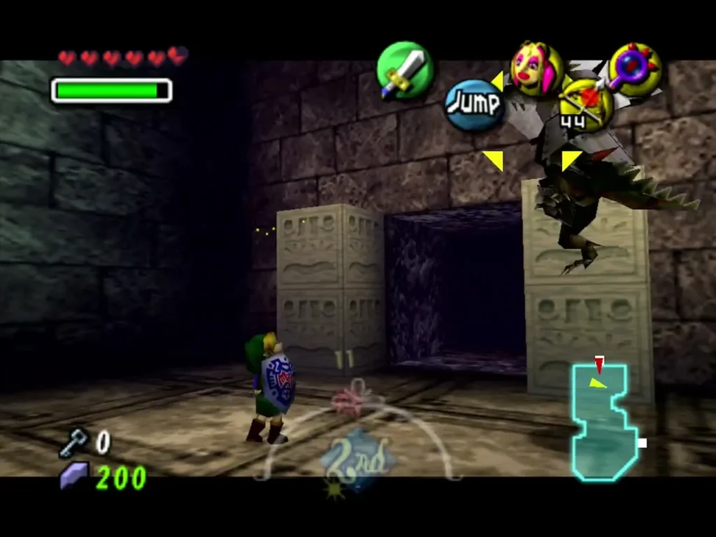 A Dinolfos leaps from a carved stone block toward Link in the dark corridor A Dinolfos leaps from a carved stone block toward Link in the dark corridor