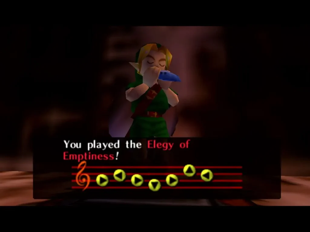 Link plays the Elegy of Emptiness on the ocarina, the song name and notes in the message box Link plays the Elegy of Emptiness on the ocarina, the song name and notes in the message box