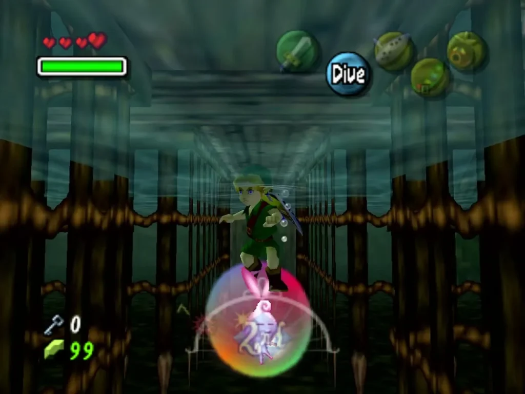 Link swims above a rainbow bubble holding a Stray Fairy under the wooden walkway in Woodfall Temple Link swims above a rainbow bubble holding a Stray Fairy under the wooden walkway in Woodfall Temple