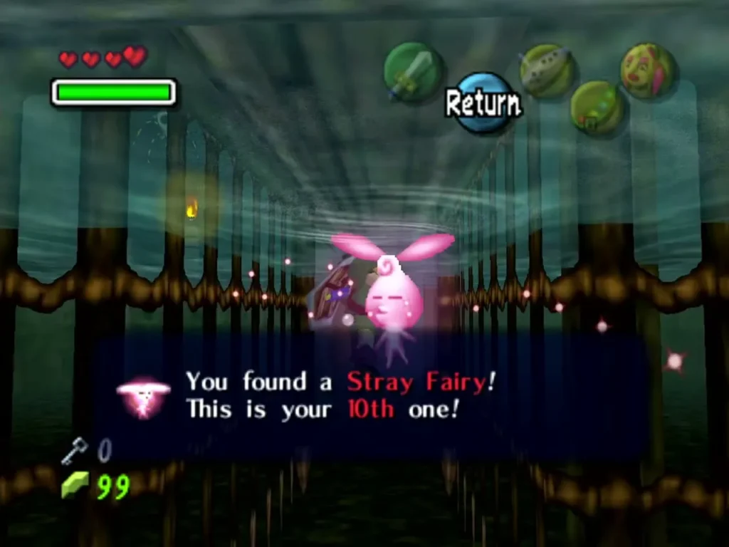 Stray Fairy freed in the flooded root corridor of Woodfall Temple with its item box on screen Stray Fairy freed in the flooded root corridor of Woodfall Temple with its item box on screen