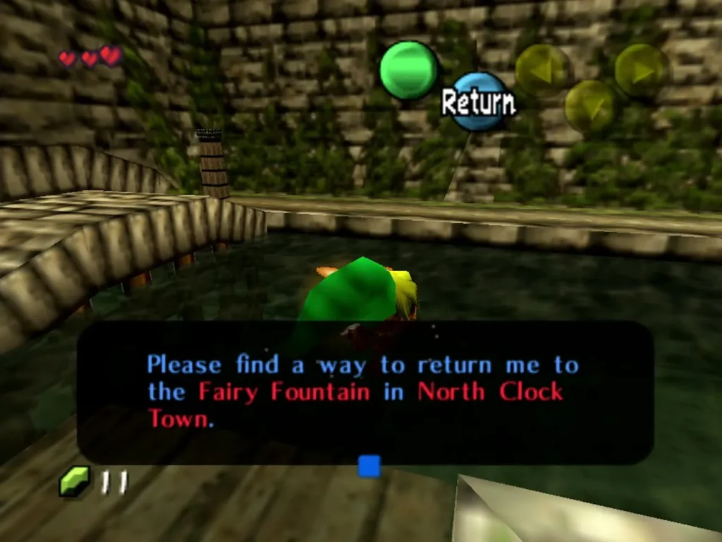 Stray Fairy message box asking to be taken back to the North Clock Town fountain, Link in the pool Stray Fairy message box asking to be taken back to the North Clock Town fountain, Link in the pool