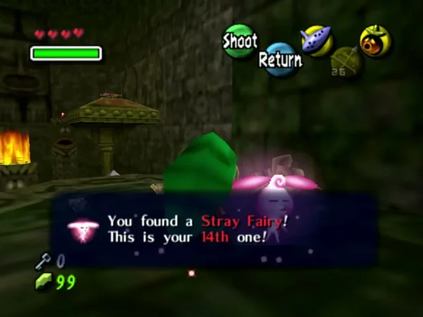 Link at the east alcove of the final Woodfall Temple room with a Stray Fairy and its item box Link at the east alcove of the final Woodfall Temple room with a Stray Fairy and its item box