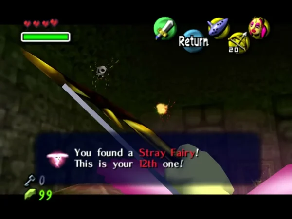 Link aiming the bow in the final room of Woodfall Temple as the box reports a Stray Fairy found Link aiming the bow in the final room of Woodfall Temple as the box reports a Stray Fairy found
