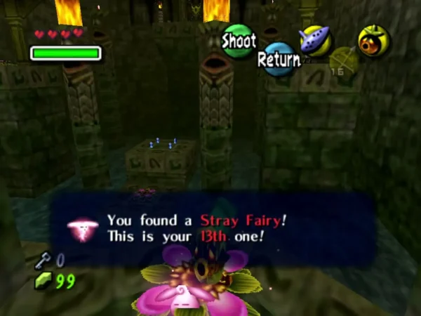 Link on a Deku Flower in the final room of Woodfall Temple with a Stray Fairy and its item box Link on a Deku Flower in the final room of Woodfall Temple with a Stray Fairy and its item box