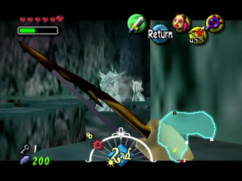 Link aims his bow across dark icy platforms toward two Freezards in Snowhead Temple Link aims his bow across dark icy platforms toward two Freezards in Snowhead Temple