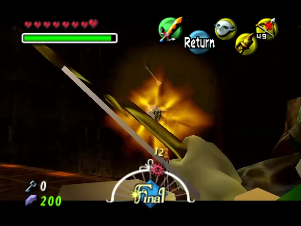 Link shoots a Fire Arrow that lights a torch on the ledge of the Great Bay Temple entrance room Link shoots a Fire Arrow that lights a torch on the ledge of the Great Bay Temple entrance room