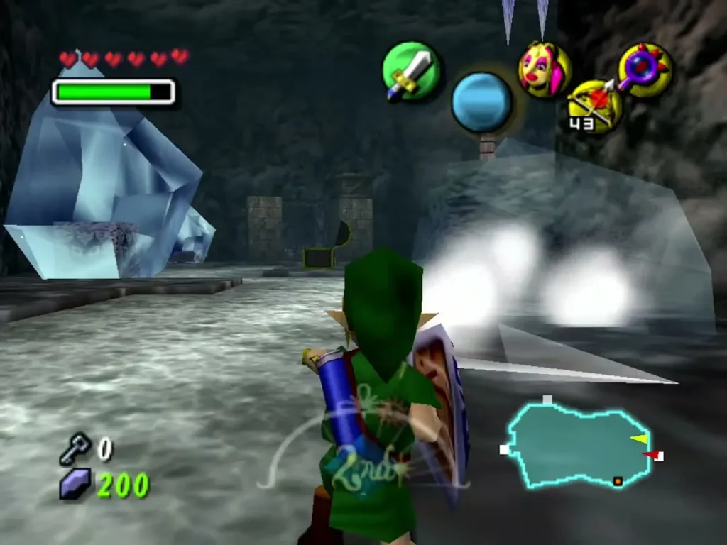 Link's Fire Arrow melts a big ice chunk in clouds of steam in the Compass room Link's Fire Arrow melts a big ice chunk in clouds of steam in the Compass room