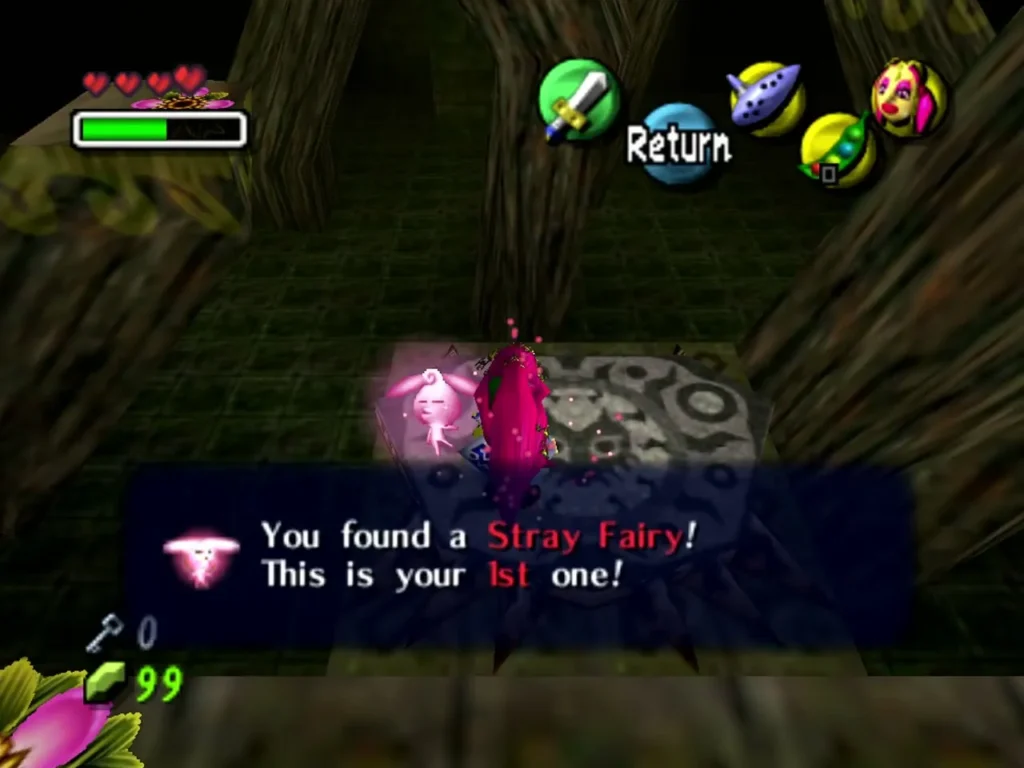 Link in the temple entrance room with the box confirming that he found a Stray Fairy Link in the temple entrance room with the box confirming that he found a Stray Fairy
