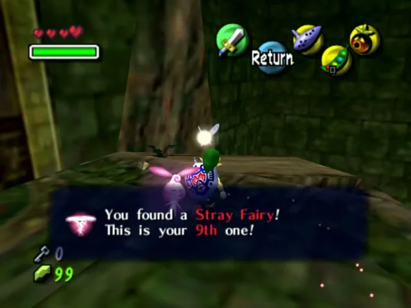 Link on a Woodfall Temple ledge with a Stray Fairy and the box naming the 9th one found Link on a Woodfall Temple ledge with a Stray Fairy and the box naming the 9th one found