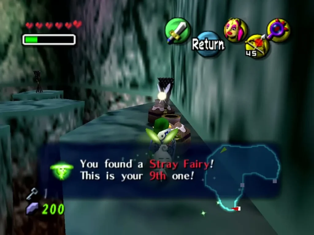 Link beside clay pots on the ice platform with the box confirming a Stray Fairy was found Link beside clay pots on the ice platform with the box confirming a Stray Fairy was found