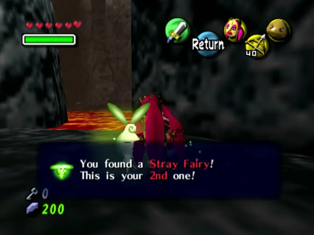 Link wearing the Great Fairy's Mask in the lava room as the box confirms a Stray Fairy was found Link wearing the Great Fairy's Mask in the lava room as the box confirms a Stray Fairy was found