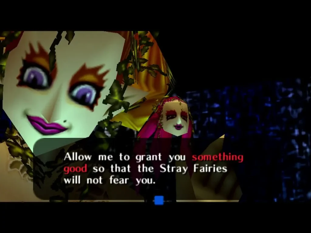 The Great Fairy of Magic speaking to Hylian Link about granting him something good for the Stray Fairies The Great Fairy of Magic speaking to Hylian Link about granting him something good for the Stray Fairies