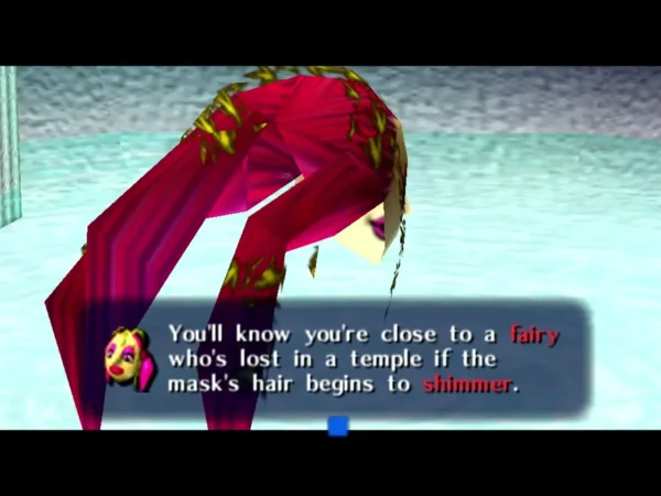 The Great Fairy Mask with the message that its hair shimmers when a lost fairy is close in a temple The Great Fairy Mask with the message that its hair shimmers when a lost fairy is close in a temple