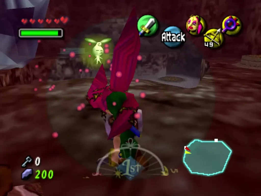 Link in the Great Fairy's Mask with the freed Stray Fairy gliding toward him in the red lens view Link in the Great Fairy's Mask with the freed Stray Fairy gliding toward him in the red lens view