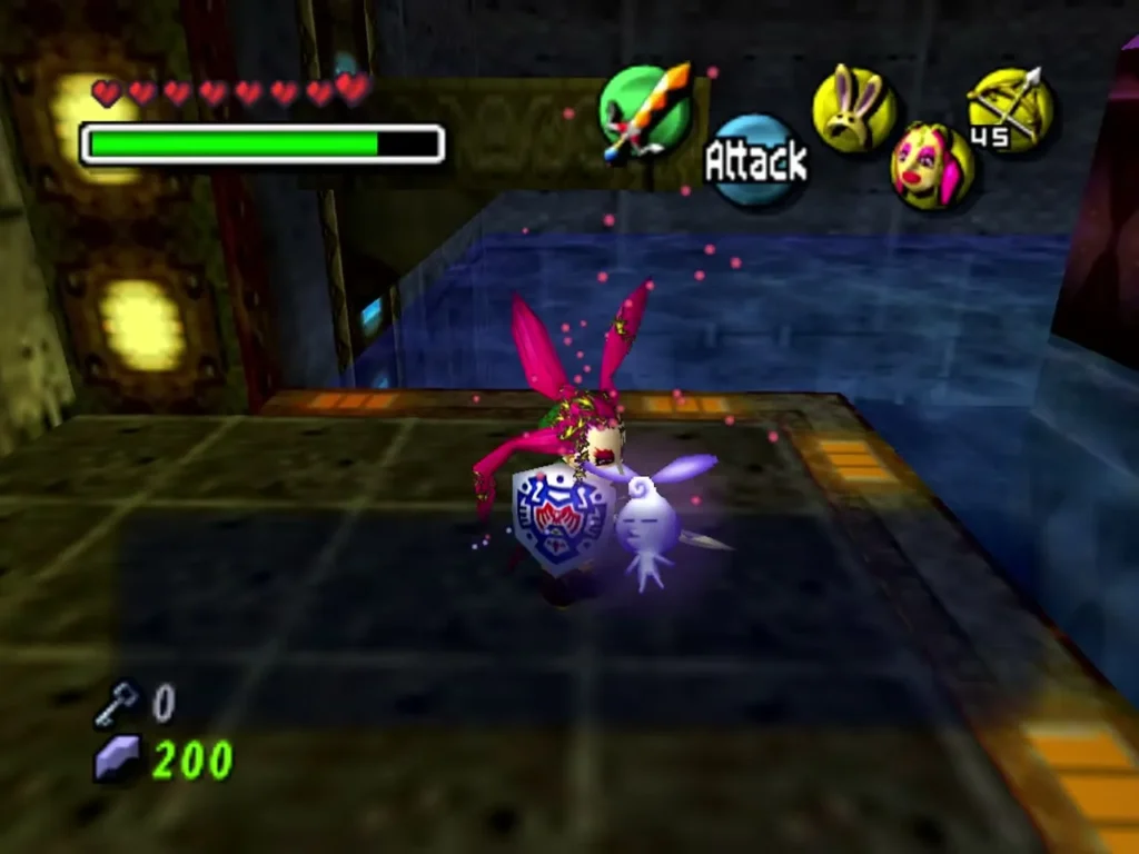 Link in the Great Fairy's Mask with a purple Stray Fairy gliding to him on the platform Link in the Great Fairy's Mask with a purple Stray Fairy gliding to him on the platform