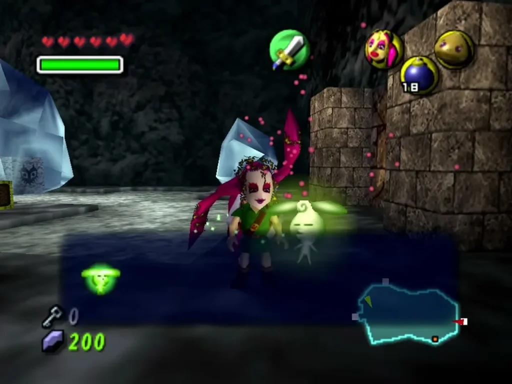 Link in the Great Fairy's Mask with a Stray Fairy gliding to him beside a block of ice Link in the Great Fairy's Mask with a Stray Fairy gliding to him beside a block of ice