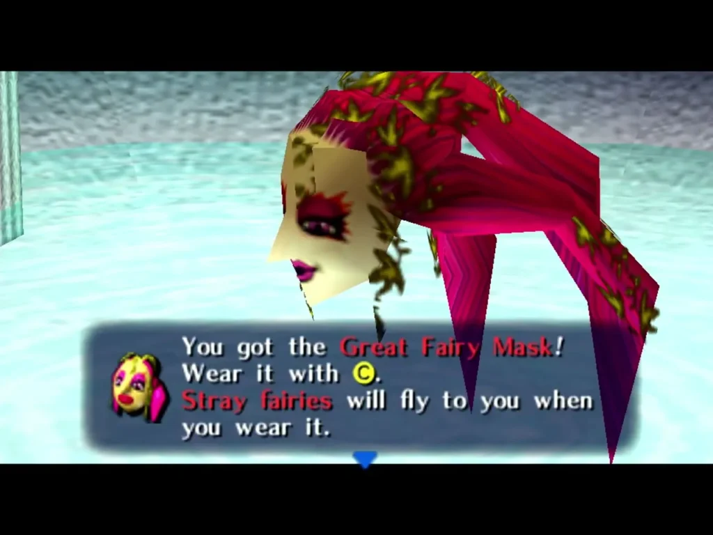 The box reads You got the Great Fairy Mask! as Hylian Link stands at the fountain The box reads You got the Great Fairy Mask! as Hylian Link stands at the fountain