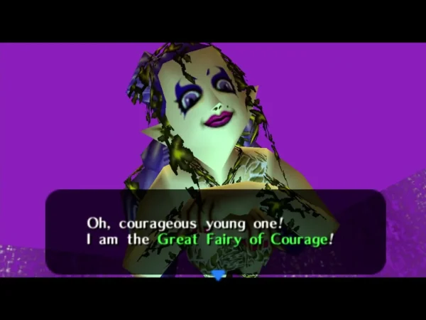 The Great Fairy of Courage introducing herself in a text box at her fountain The Great Fairy of Courage introducing herself in a text box at her fountain