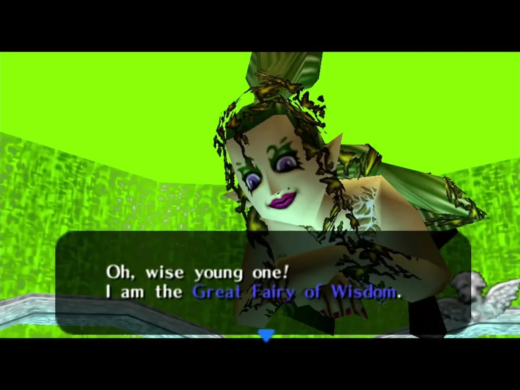 The Great Fairy of Wisdom introducing herself against a bright green backdrop, her message box on screen The Great Fairy of Wisdom introducing herself against a bright green backdrop, her message box on screen