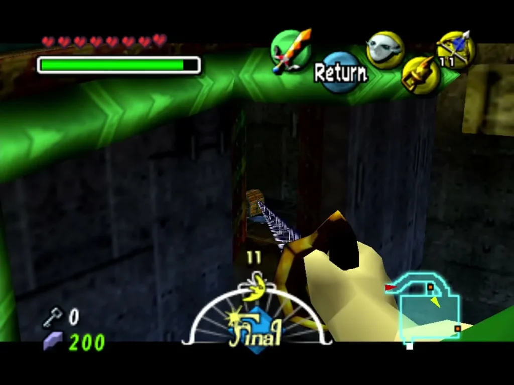 Link aims the Hookshot between green pipes at a small chest in an alcove across the spiked-mine room Link aims the Hookshot between green pipes at a small chest in an alcove across the spiked-mine room