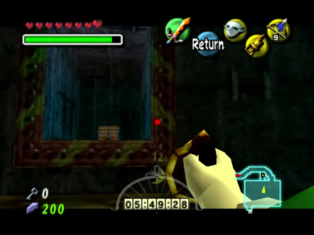 Link aims the Hookshot at a chest inside a small alcove in the wall of the waterwheel room Link aims the Hookshot at a chest inside a small alcove in the wall of the waterwheel room