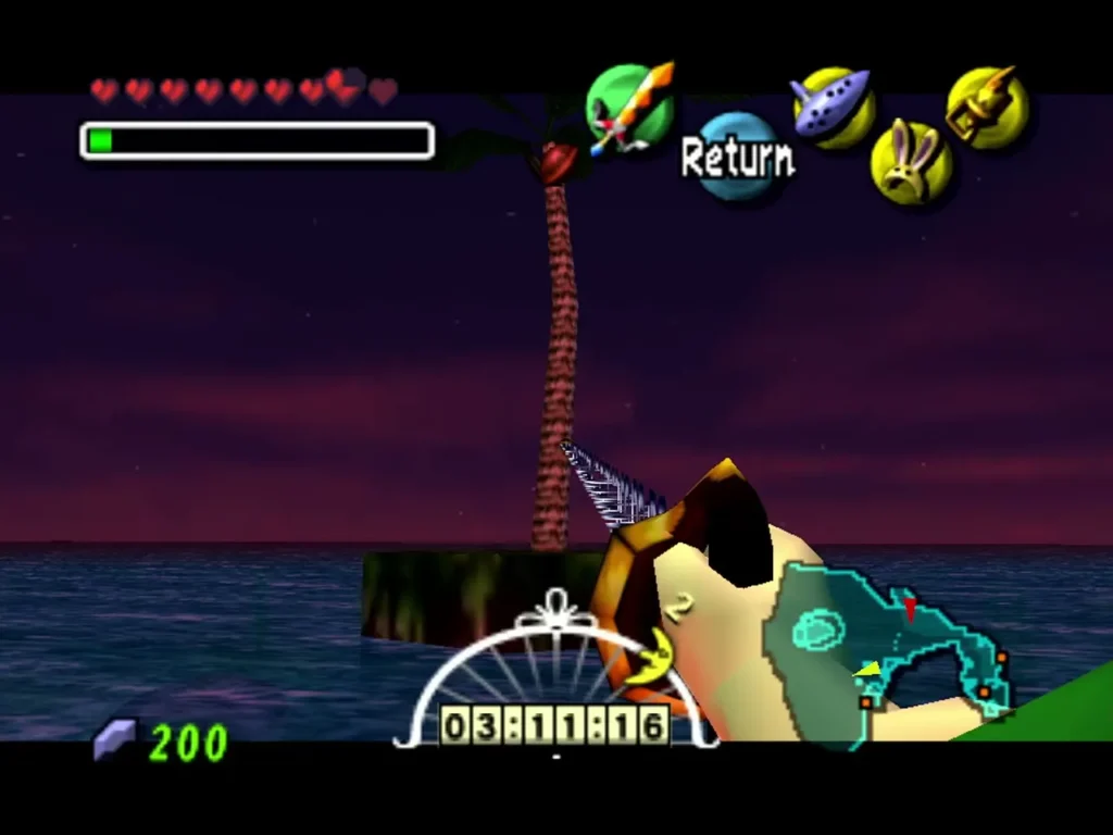 Link fires the Hookshot at a palm tree on a small island off Zora Cape at dusk Link fires the Hookshot at a palm tree on a small island off Zora Cape at dusk