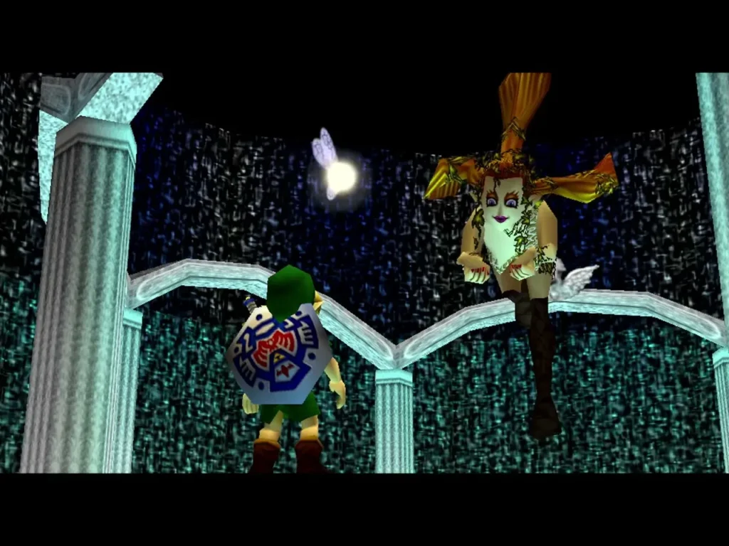 Hylian Link at the fountain beside the Great Fairy of Magic, who sits on the stone railing Hylian Link at the fountain beside the Great Fairy of Magic, who sits on the stone railing