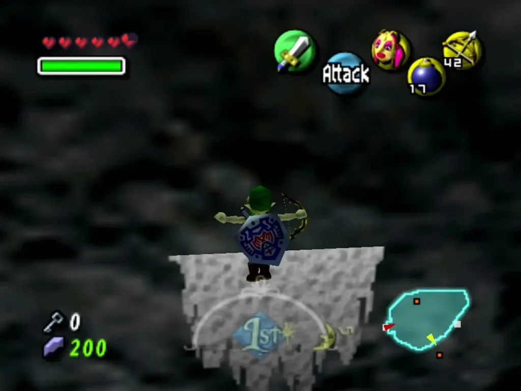 Link aims his bow from a small snowy pillar platform in the dark icicle room of Snowhead Temple Link aims his bow from a small snowy pillar platform in the dark icicle room of Snowhead Temple