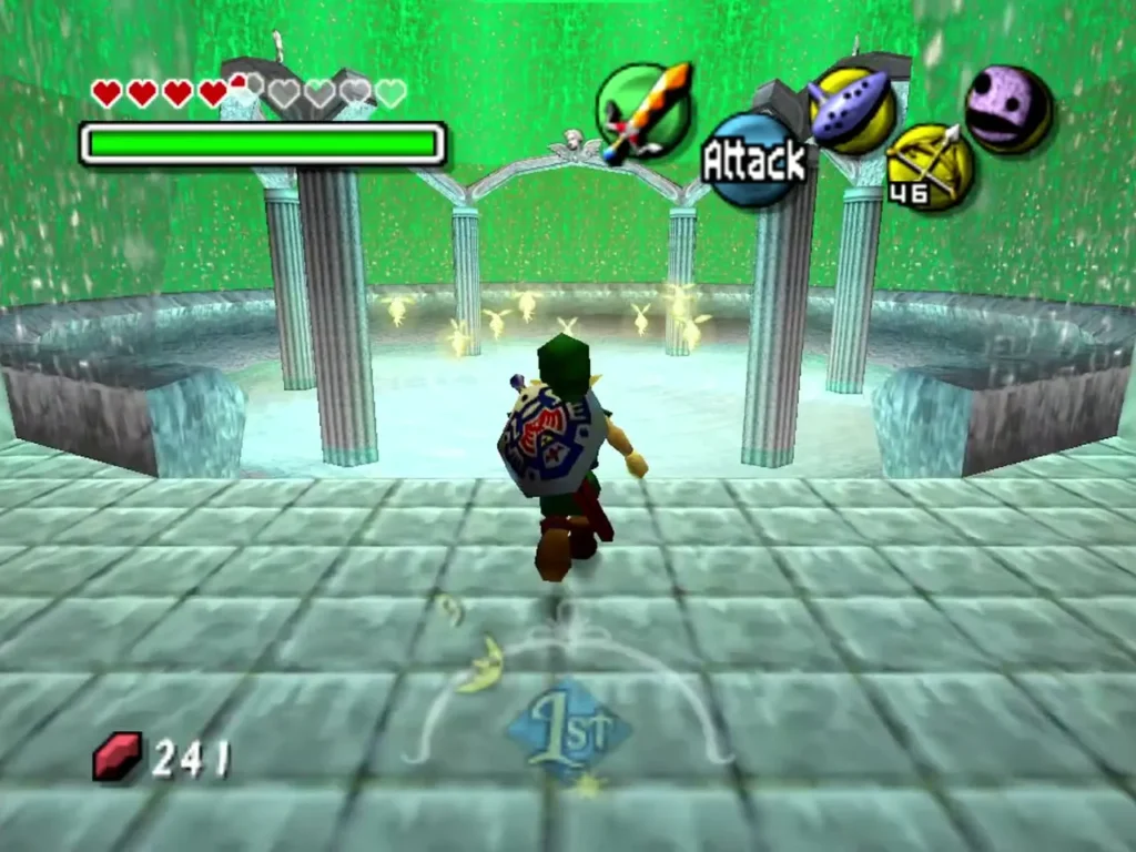 Link steps into the pillared Fairy's Fountain in Ikana Canyon with small fairies glowing above the pool Link steps into the pillared Fairy's Fountain in Ikana Canyon with small fairies glowing above the pool