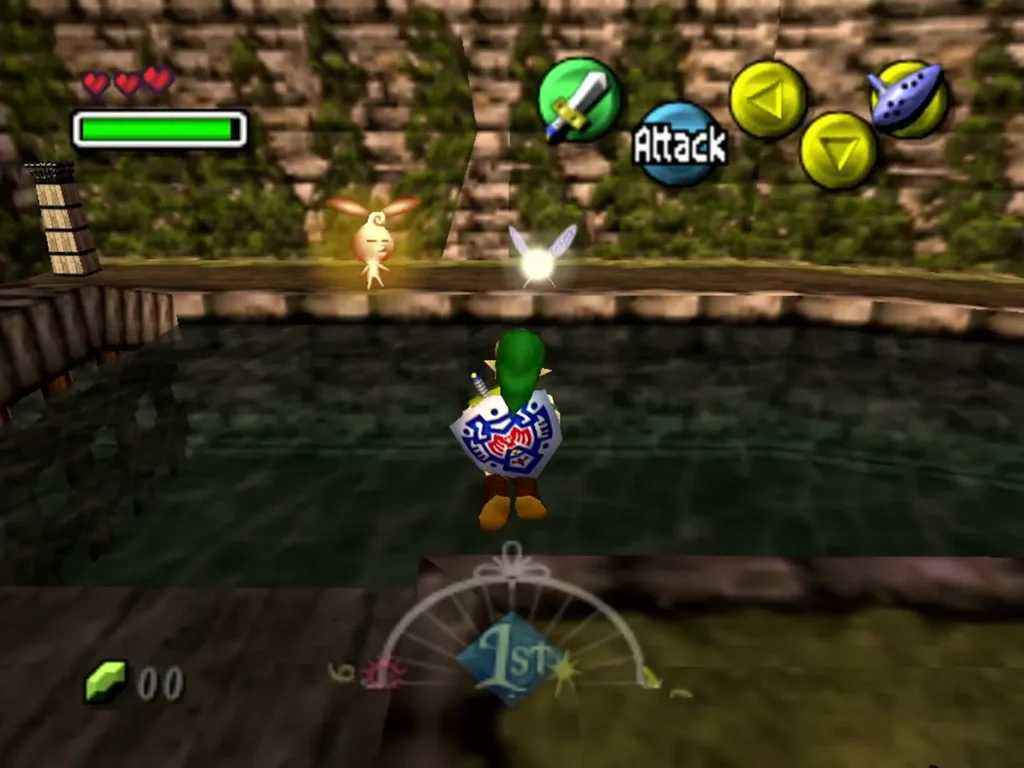 Hylian Link at the edge of the Laundry Pool in South Clock Town with the Stray Fairy glowing above the water Hylian Link at the edge of the Laundry Pool in South Clock Town with the Stray Fairy glowing above the water