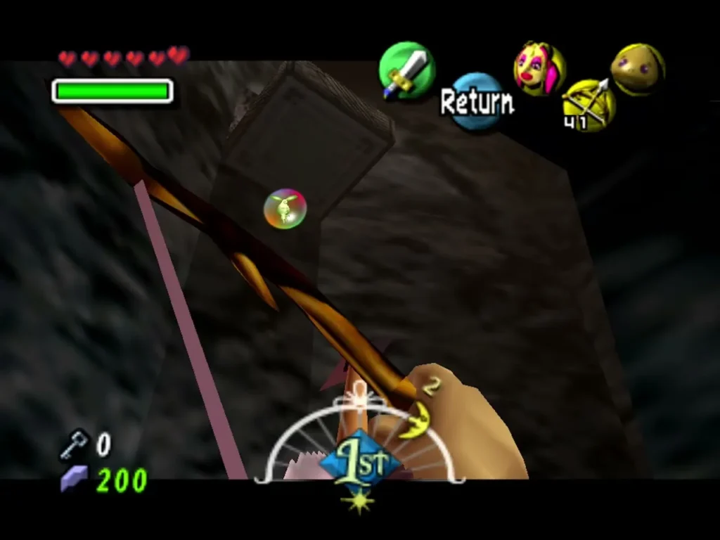 Link in the lava room aims his bow at a bubble holding a fairy Link in the lava room aims his bow at a bubble holding a fairy