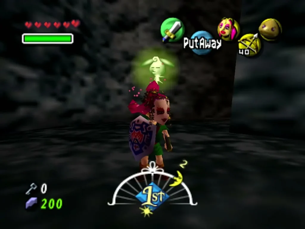 Link wears the Great Fairy's Mask in the lava room with a fairy glowing above him Link wears the Great Fairy's Mask in the lava room with a fairy glowing above him