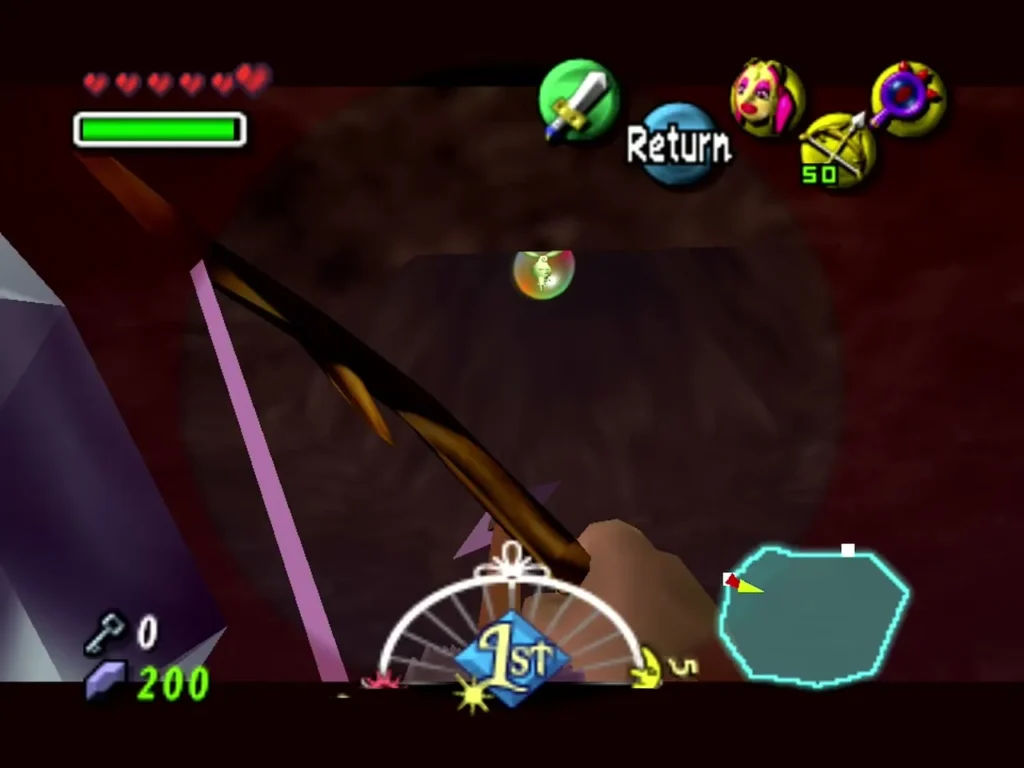 Link aims his bow in the Lens of Truth view at a fairy trapped in a bubble high in the ceiling Link aims his bow in the Lens of Truth view at a fairy trapped in a bubble high in the ceiling
